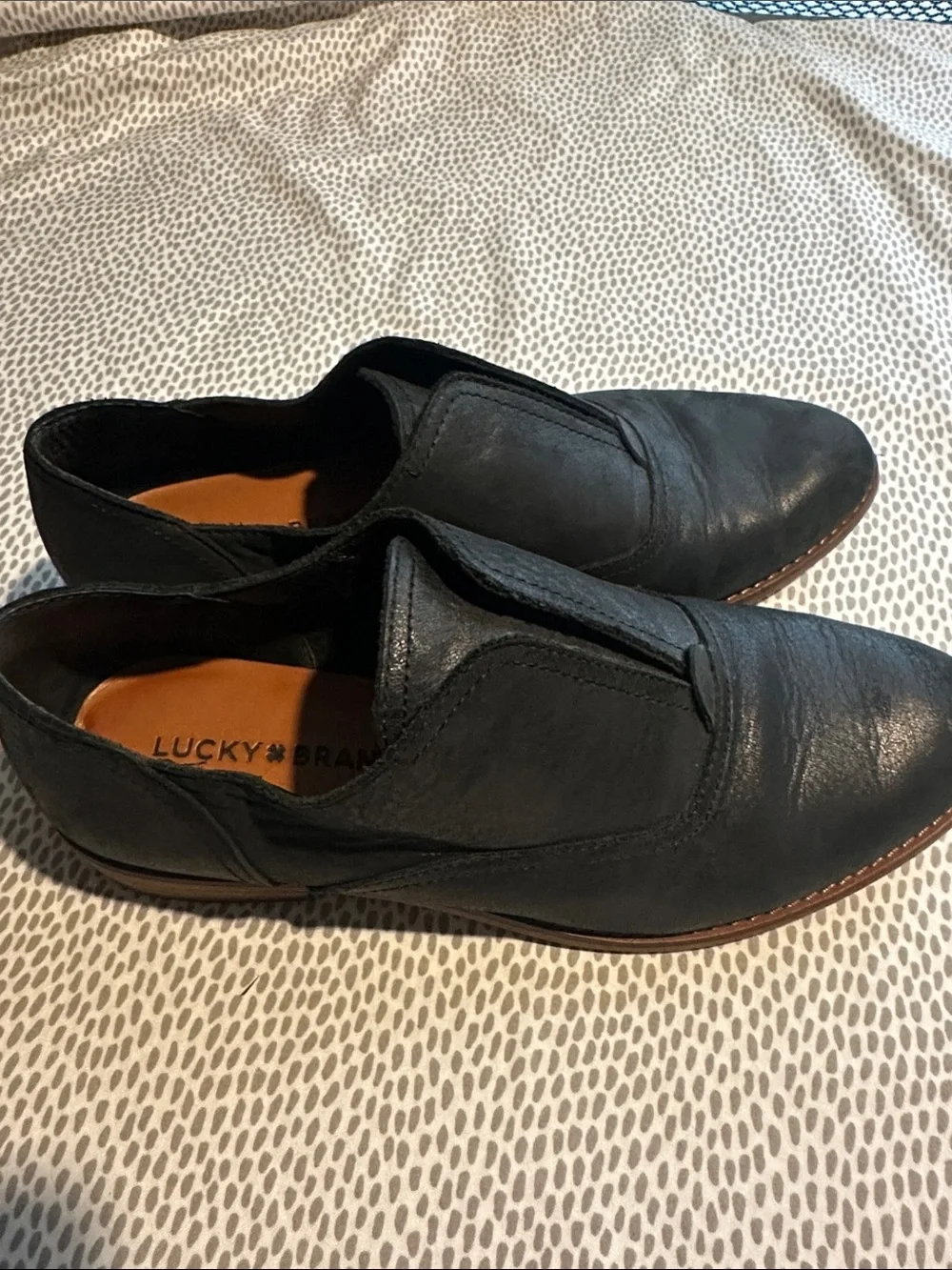 Lucky Brand Men's Black Leather Slip-On Loafers with Brown Insole